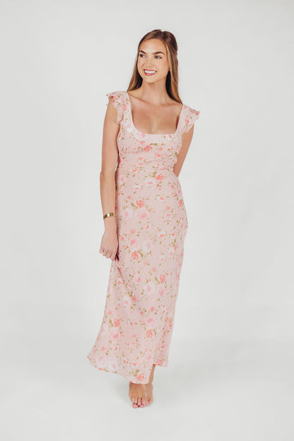 Pisa Floral Chiffon Midi Dress with Ruffle Shoulder in Blush