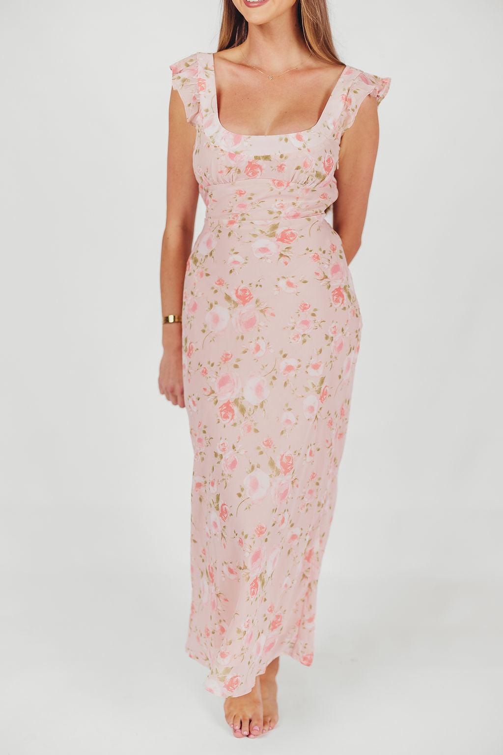 Pisa Floral Chiffon Midi Dress with Ruffle Shoulder in Blush