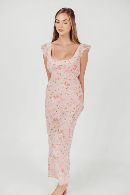 Pisa Floral Chiffon Midi Dress with Ruffle Shoulder in Blush