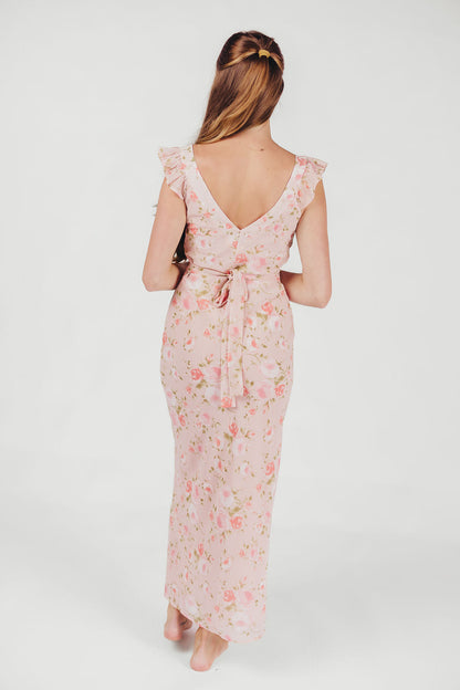 Pisa Floral Chiffon Midi Dress with Ruffle Shoulder in Blush