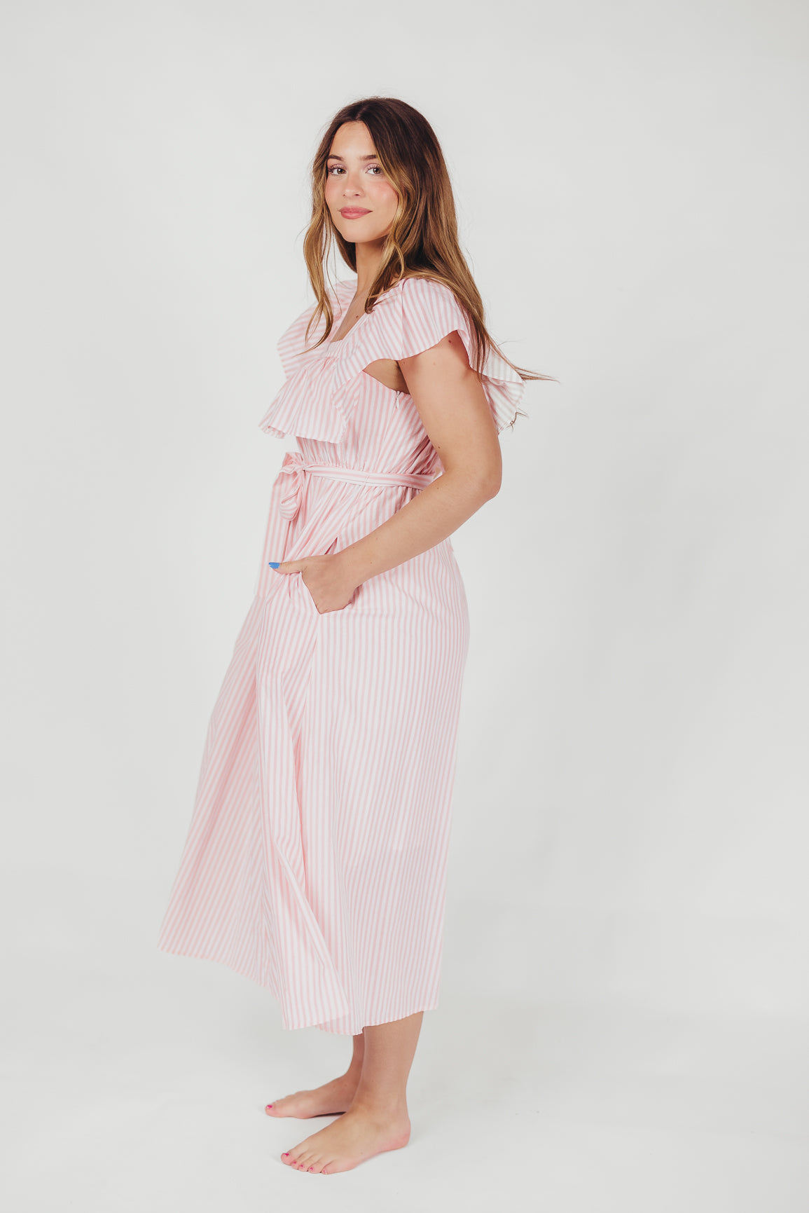 Holly Pinstripe Midi Dress with Square Neckline Midi Dress in Light Pink