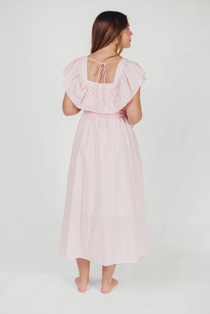 Holly Pinstripe Midi Dress with Square Neckline Midi Dress in Light Pink