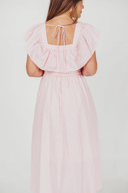 Holly Pinstripe Midi Dress with Square Neckline Midi Dress in Light Pink