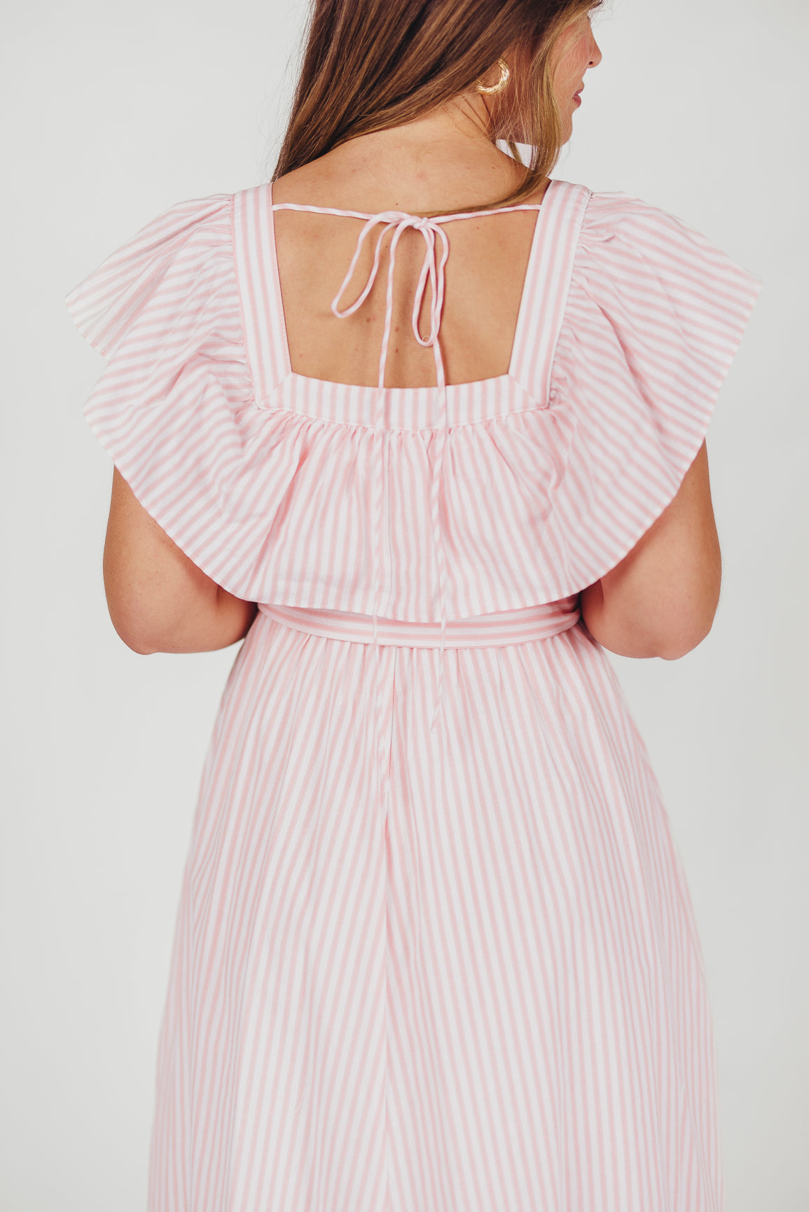 Holly Pinstripe Midi Dress with Square Neckline Midi Dress in Light Pink