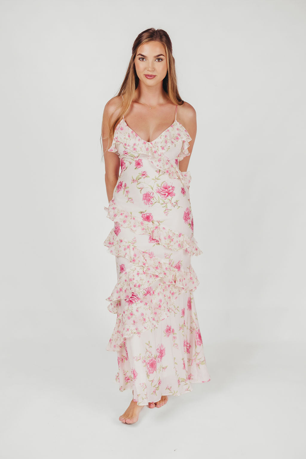 Amelia Ruffle Maxi Dress in Ivory/Pink Floral