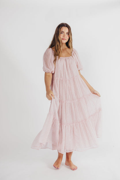 Eva Puffed Sleeve Maxi Dress in Light Pink Multi - Bump Friendly & Inclusive Sizing (S-3XL)