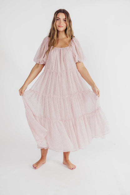 Eva Puffed Sleeve Maxi Dress in Light Pink Multi - Bump Friendly & Inclusive Sizing (S-3XL)