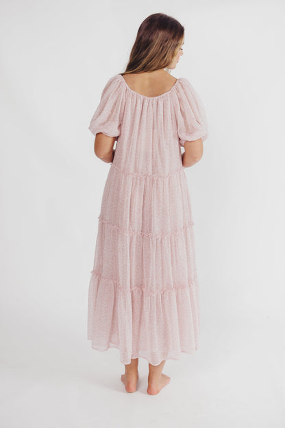 Eva Puffed Sleeve Maxi Dress in Light Pink Multi - Bump Friendly & Inclusive Sizing (S-3XL)