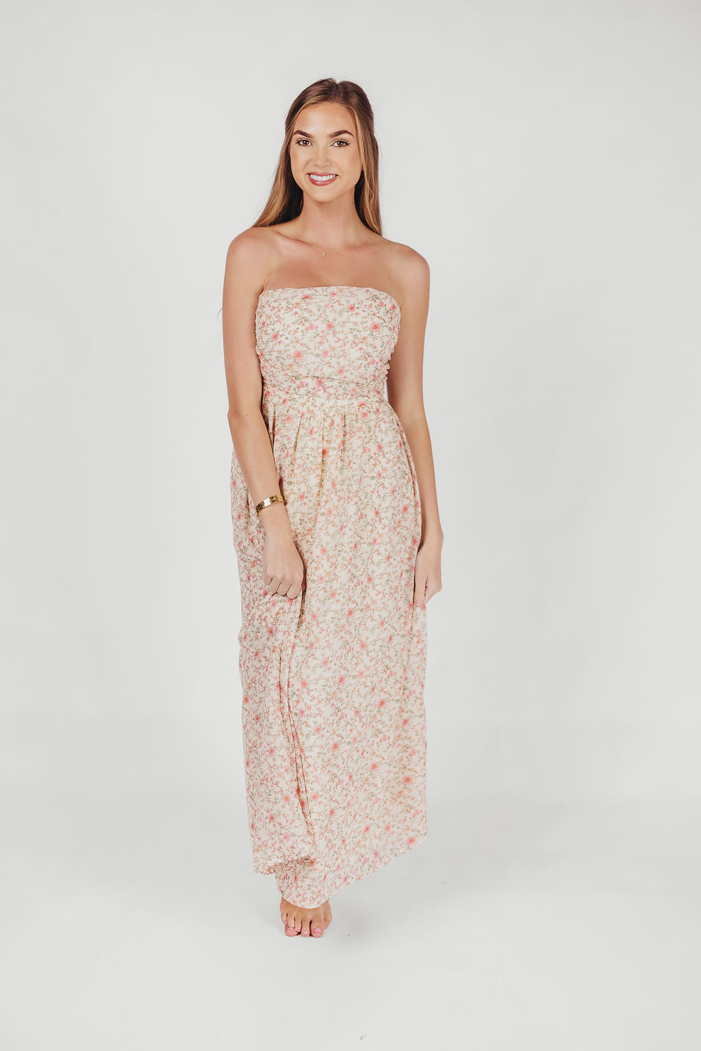 Brenna Strapless Maxi Dress with Ruching Detail Midi in Cream