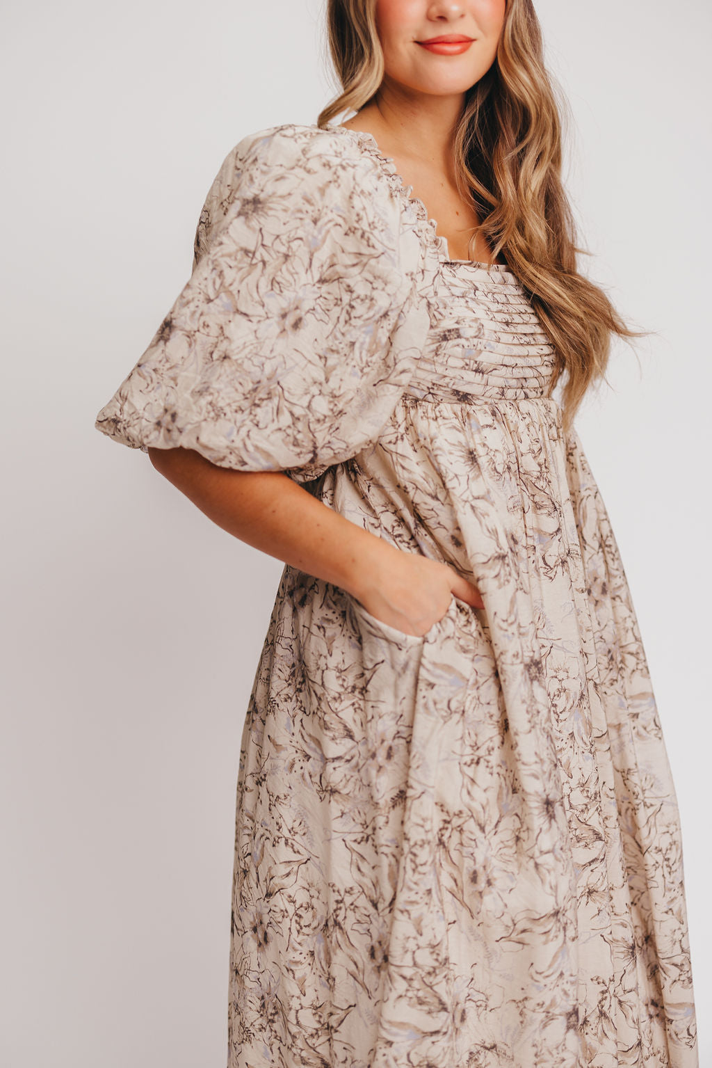 Melody Maxi Dress with Pleats and Bow Detail in Brown and Blue Floral - Bump Friendly & Inclusive Sizing (S-3XL)