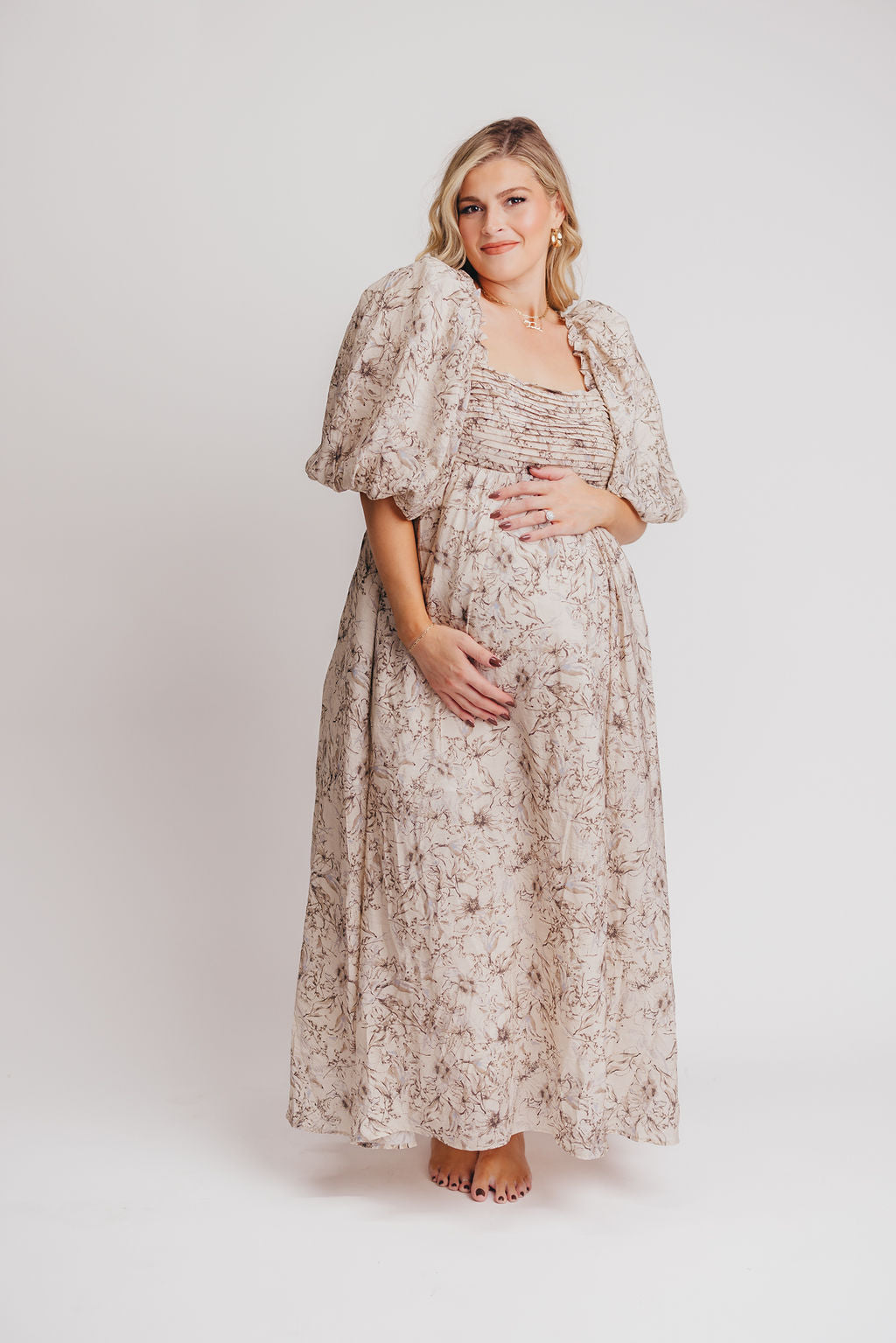 Melody Maxi Dress with Pleats and Bow Detail in Brown and Blue Floral - Bump Friendly & Inclusive Sizing (S-3XL)