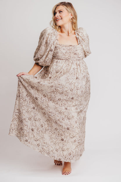 Melody Maxi Dress with Pleats and Bow Detail in Brown and Blue Floral - Bump Friendly & Inclusive Sizing (S-3XL)