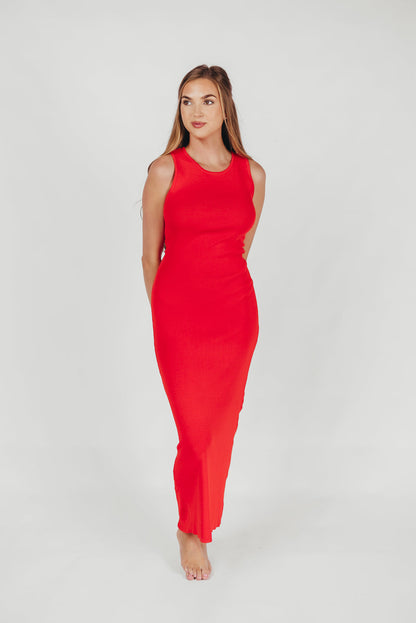 Giselle Sweater Knit Midi Dress with Cut-Out Back in Tomato Red