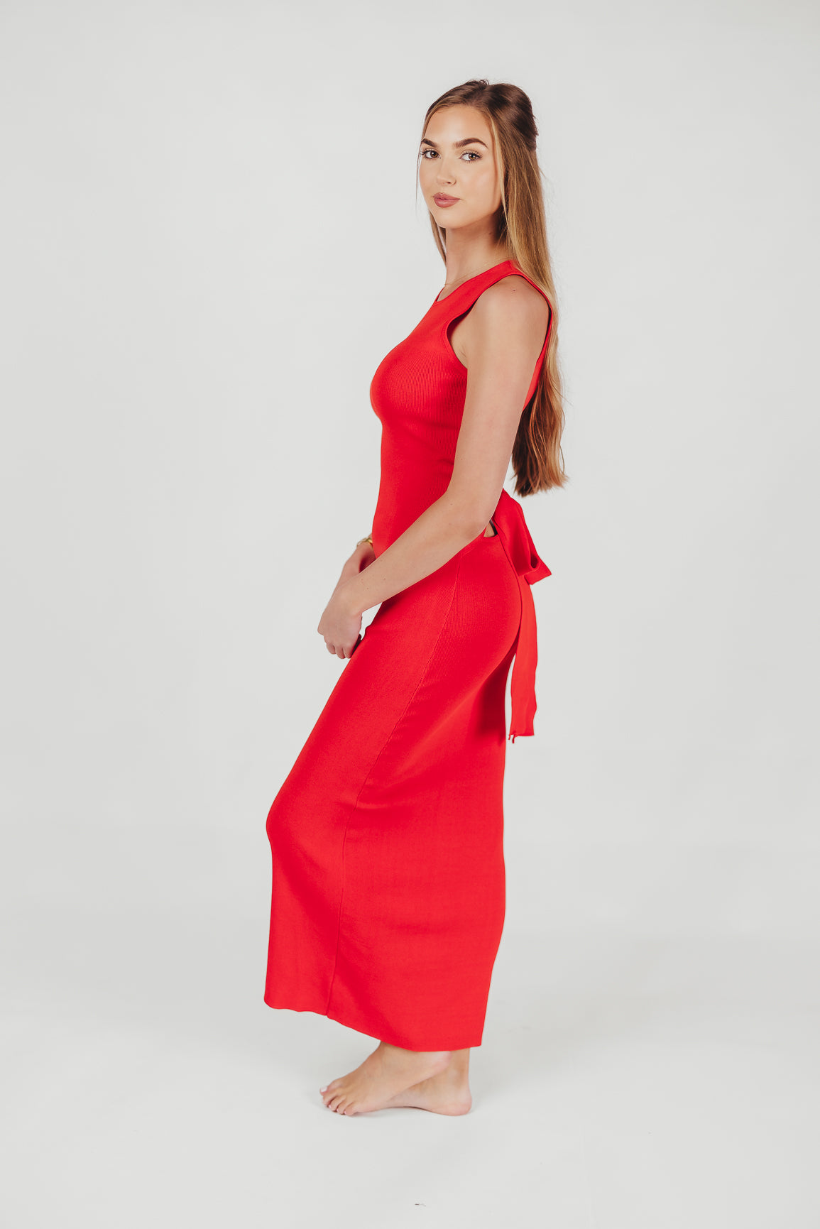 Giselle Sweater Knit Midi Dress with Cut-Out Back in Tomato Red