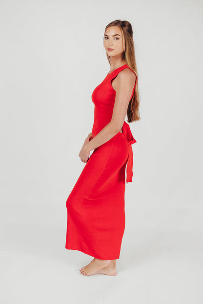 Giselle Sweater Knit Midi Dress with Cut-Out Back in Tomato Red