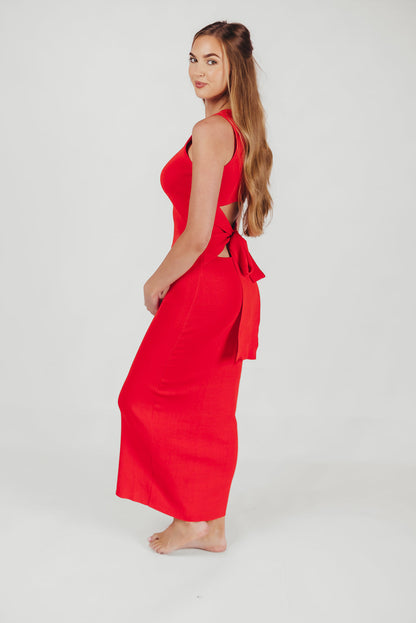 Giselle Sweater Knit Midi Dress with Cut-Out Back in Tomato Red