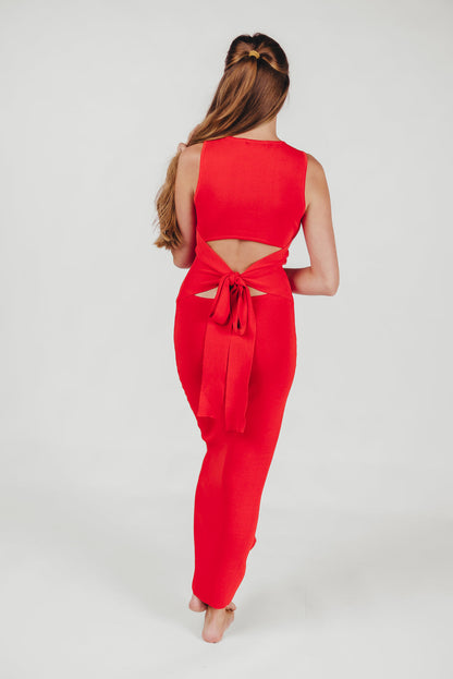 Giselle Sweater Knit Midi Dress with Cut-Out Back in Tomato Red