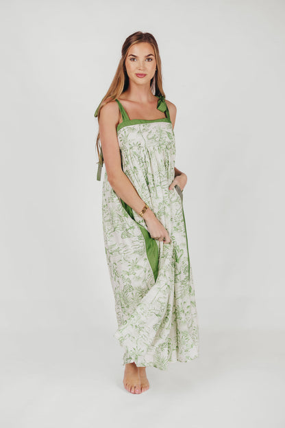 Sunny Floral Maxi Dress with Tie Straps in Green Palm