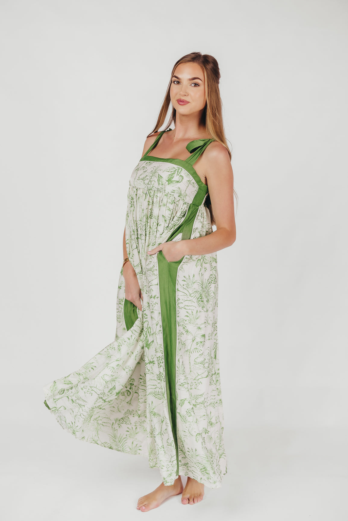 Sunny Floral Maxi Dress with Tie Straps in Green Palm