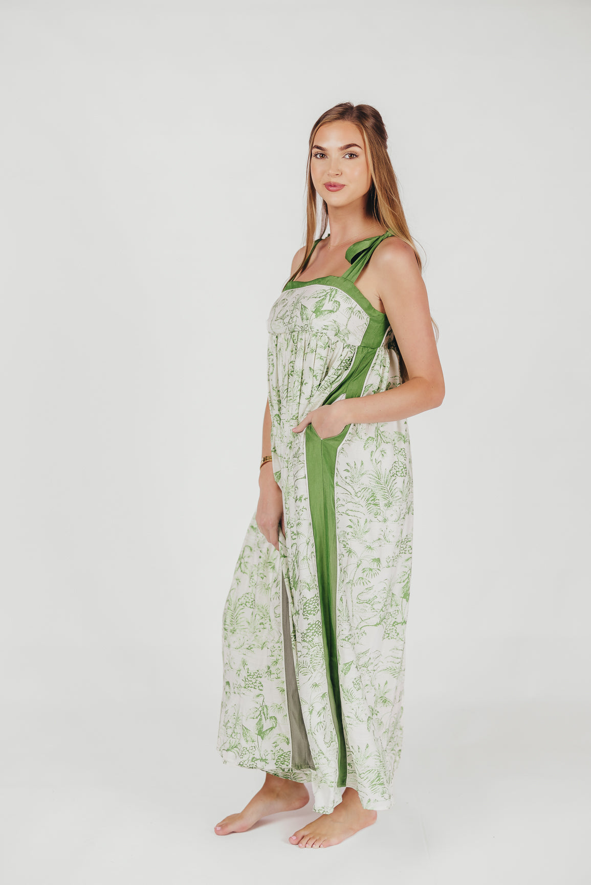 Sunny Floral Maxi Dress with Tie Straps in Green Palm