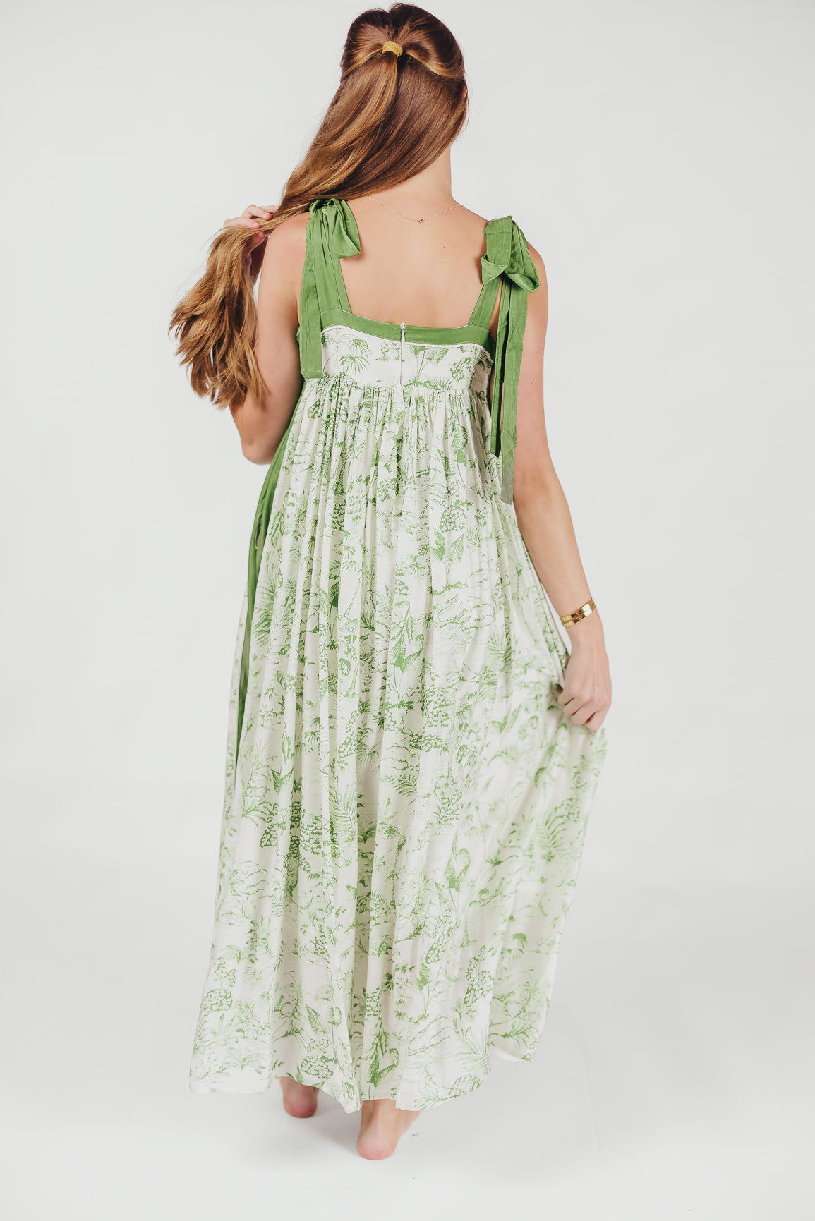 Sunny Floral Maxi Dress with Tie Straps in Green Palm