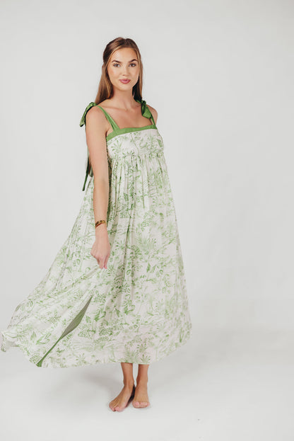 Sunny Floral Maxi Dress with Tie Straps in Green Palm