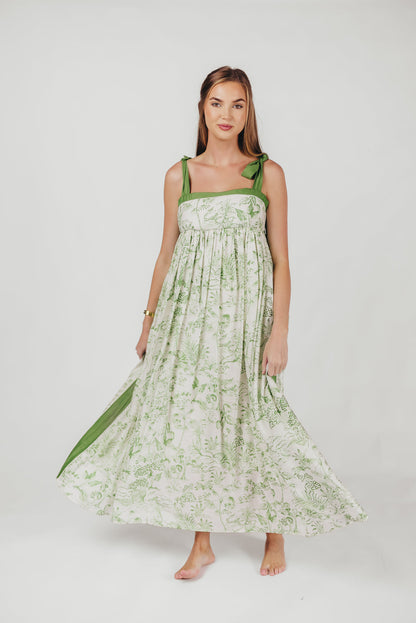 Sunny Floral Maxi Dress with Tie Straps in Green Palm