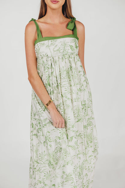 Sunny Floral Maxi Dress with Tie Straps in Green Palm