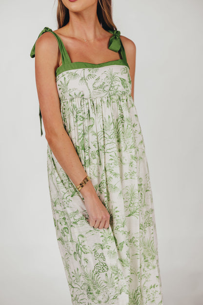 Sunny Floral Maxi Dress with Tie Straps in Green Palm