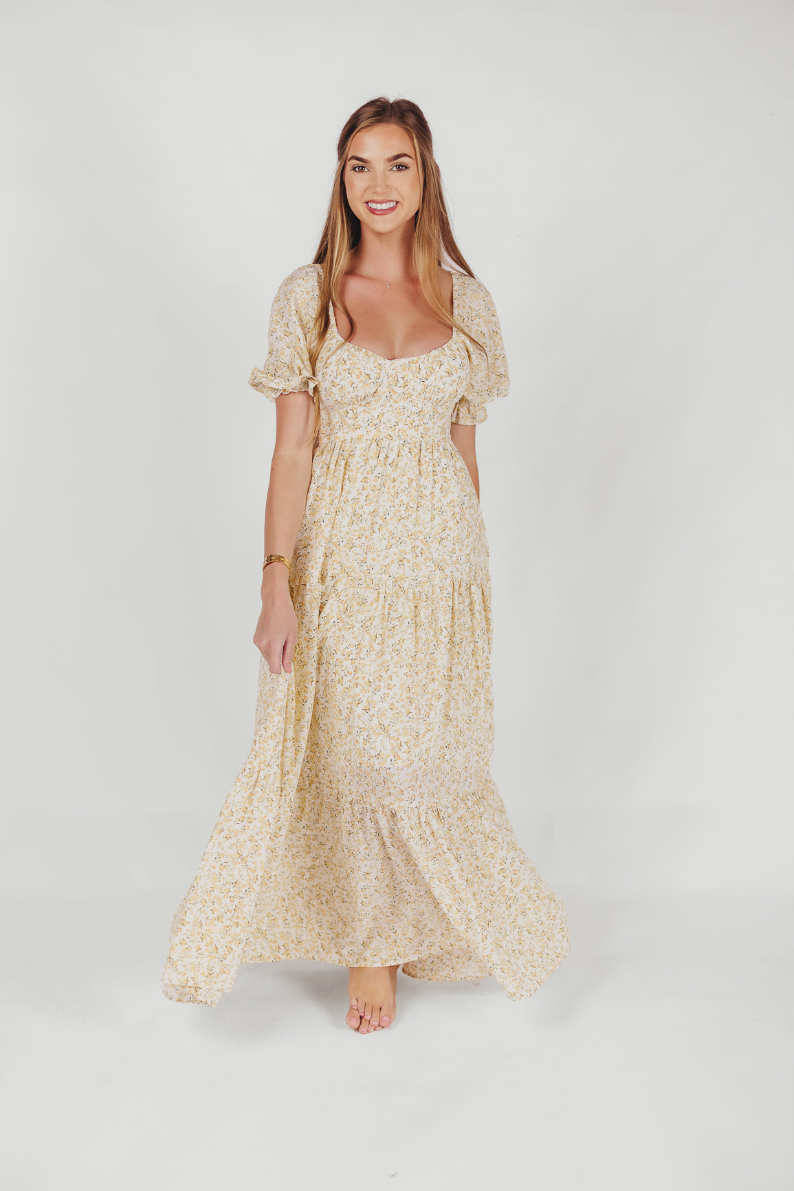 Patton Sweetheart Neckline Tiered Maxi Dress in Daffodil Creme