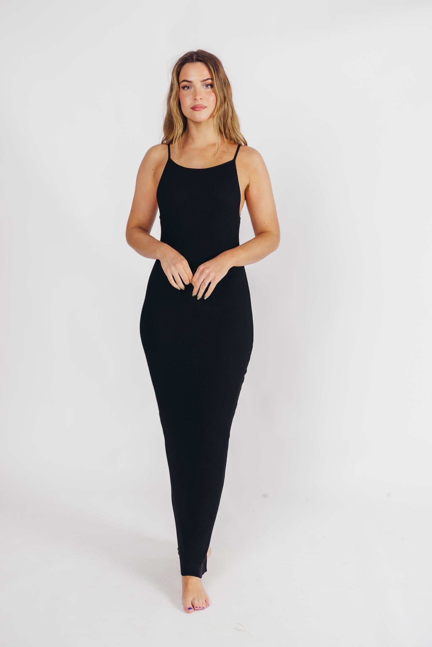 Mia Knit Maxi Dress with Boatneck Neckline in Black