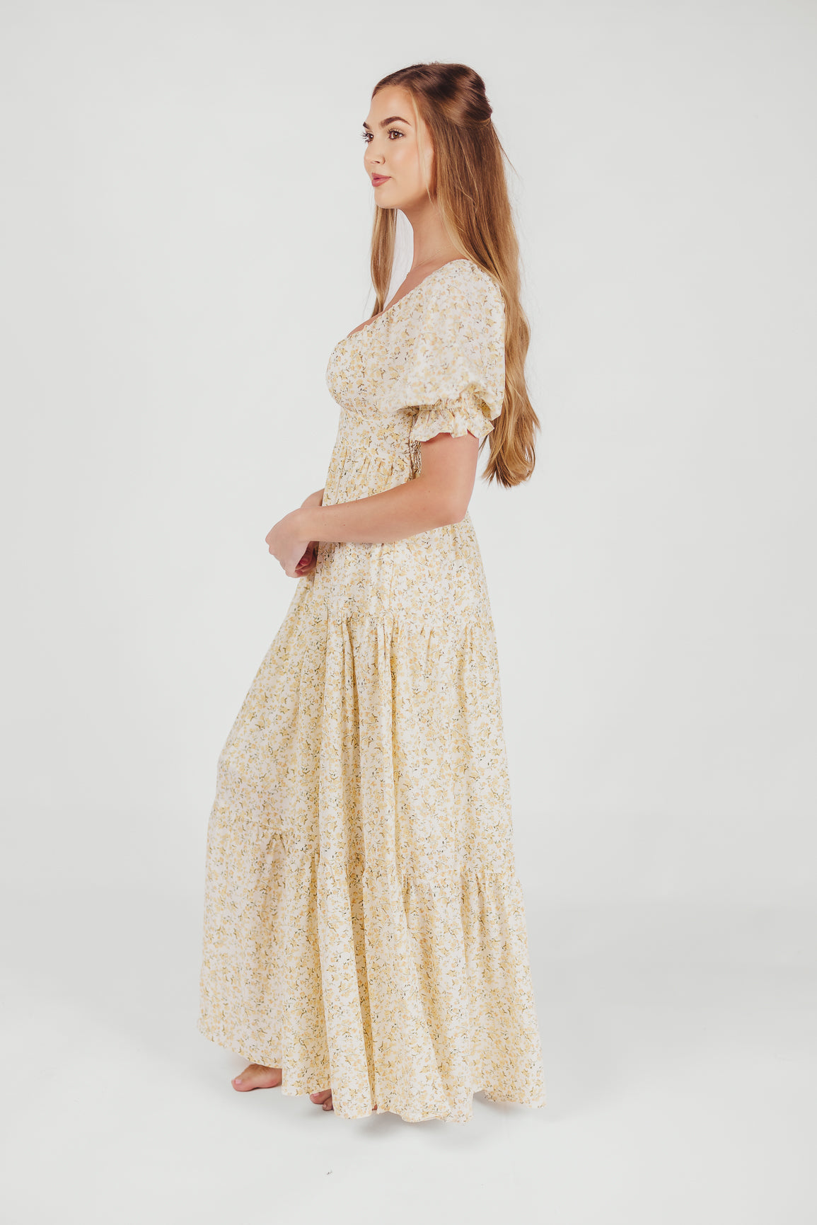 Patton Sweetheart Neckline Tiered Maxi Dress in Daffodil Creme