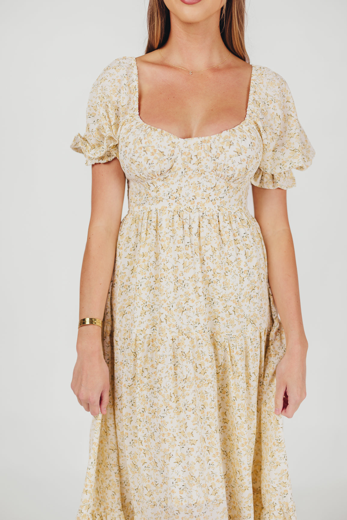 Patton Sweetheart Neckline Tiered Maxi Dress in Daffodil Creme