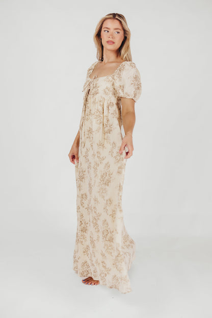 Haven 100% Cotton Tie Front Maxi Dress in Taupe/Brown Floral