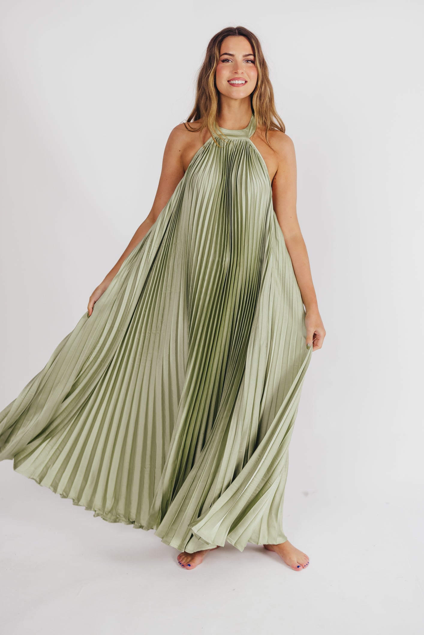 Maren Pleated Halter Maxi Dress in Sage - Bump Friendly (S-XL) -Restocking End of June