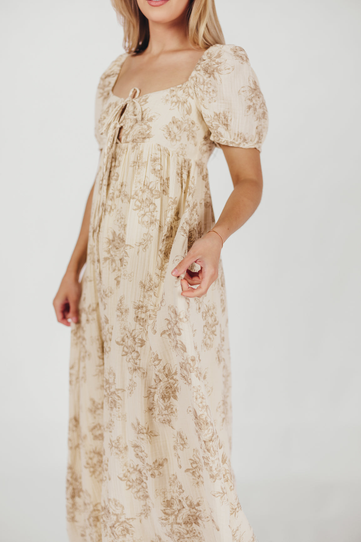 Haven 100% Cotton Tie Front Maxi Dress in Taupe/Brown Floral