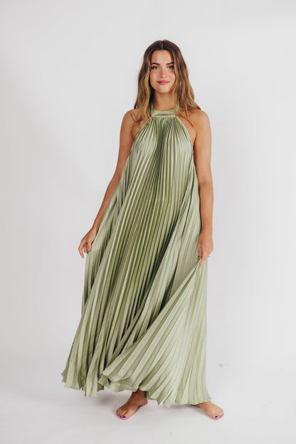 Maren Pleated Halter Maxi Dress in Sage - Bump Friendly (S-XL) -Restocking End of June