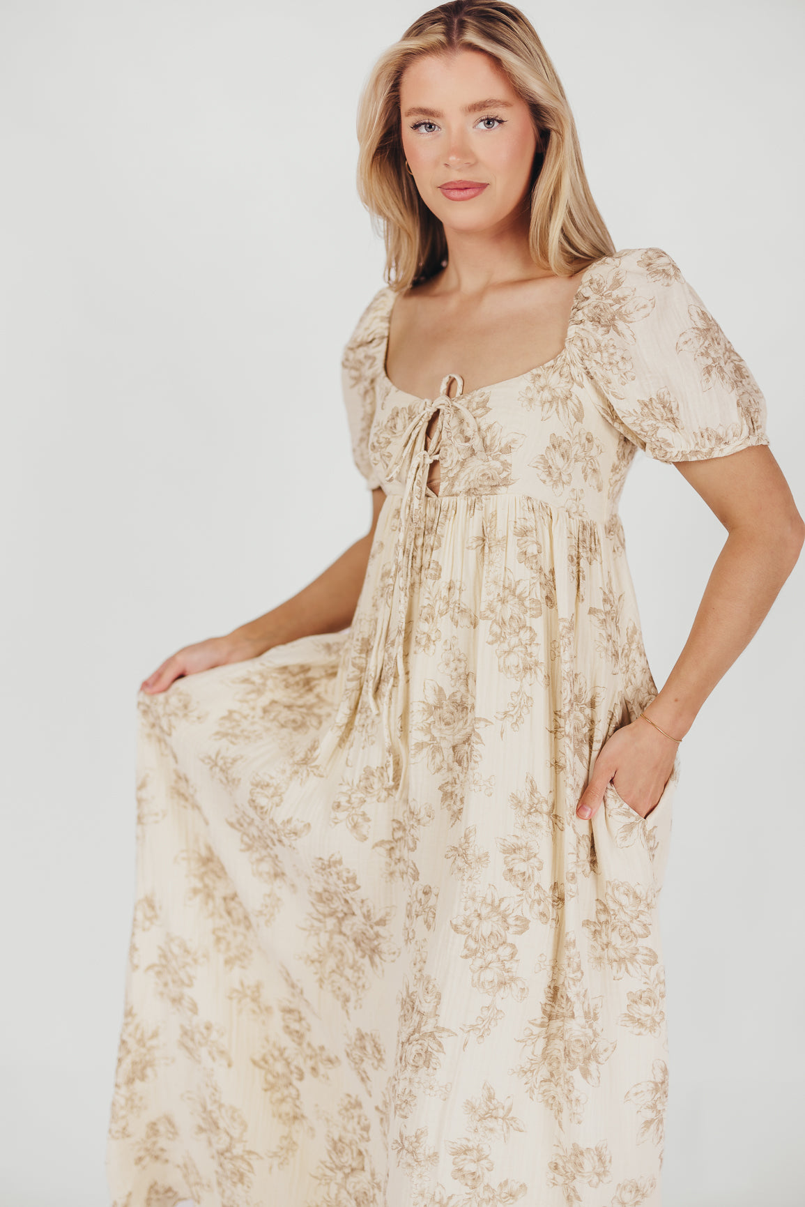 Haven 100% Cotton Tie Front Maxi Dress in Taupe/Brown Floral