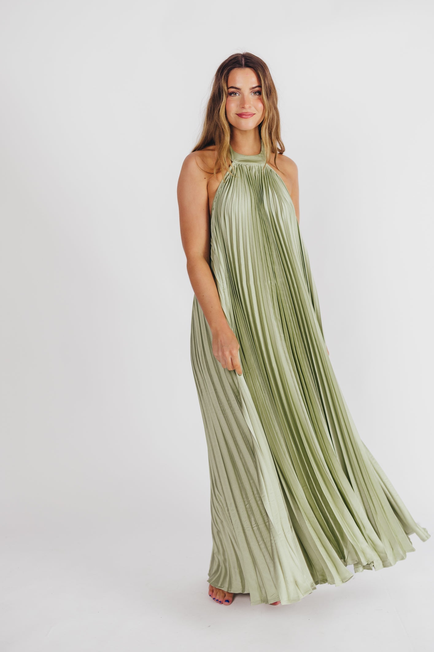 Maren Pleated Halter Maxi Dress in Sage - Bump Friendly (S-XL) -Restocking End of June