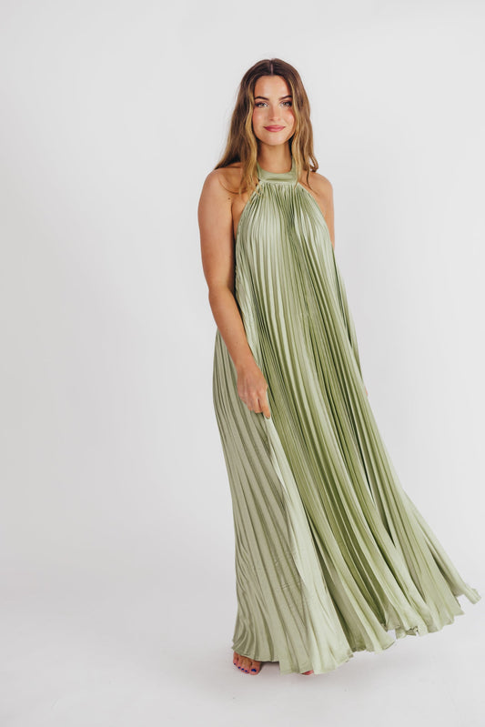 Maren Pleated Halter Maxi Dress in Sage - Bump Friendly (S-XL) -Restocking End of June