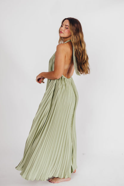 Maren Pleated Halter Maxi Dress in Sage - Bump Friendly (S-XL) -Restocking End of June