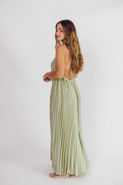 Maren Pleated Halter Maxi Dress in Sage - Bump Friendly (S-XL) -Restocking End of June