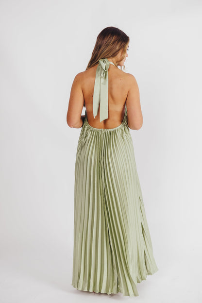 Maren Pleated Halter Maxi Dress in Sage - Bump Friendly (S-XL) -Restocking End of June