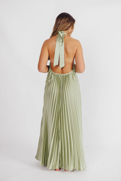 Maren Pleated Halter Maxi Dress in Sage - Bump Friendly (S-XL) -Restocking End of June