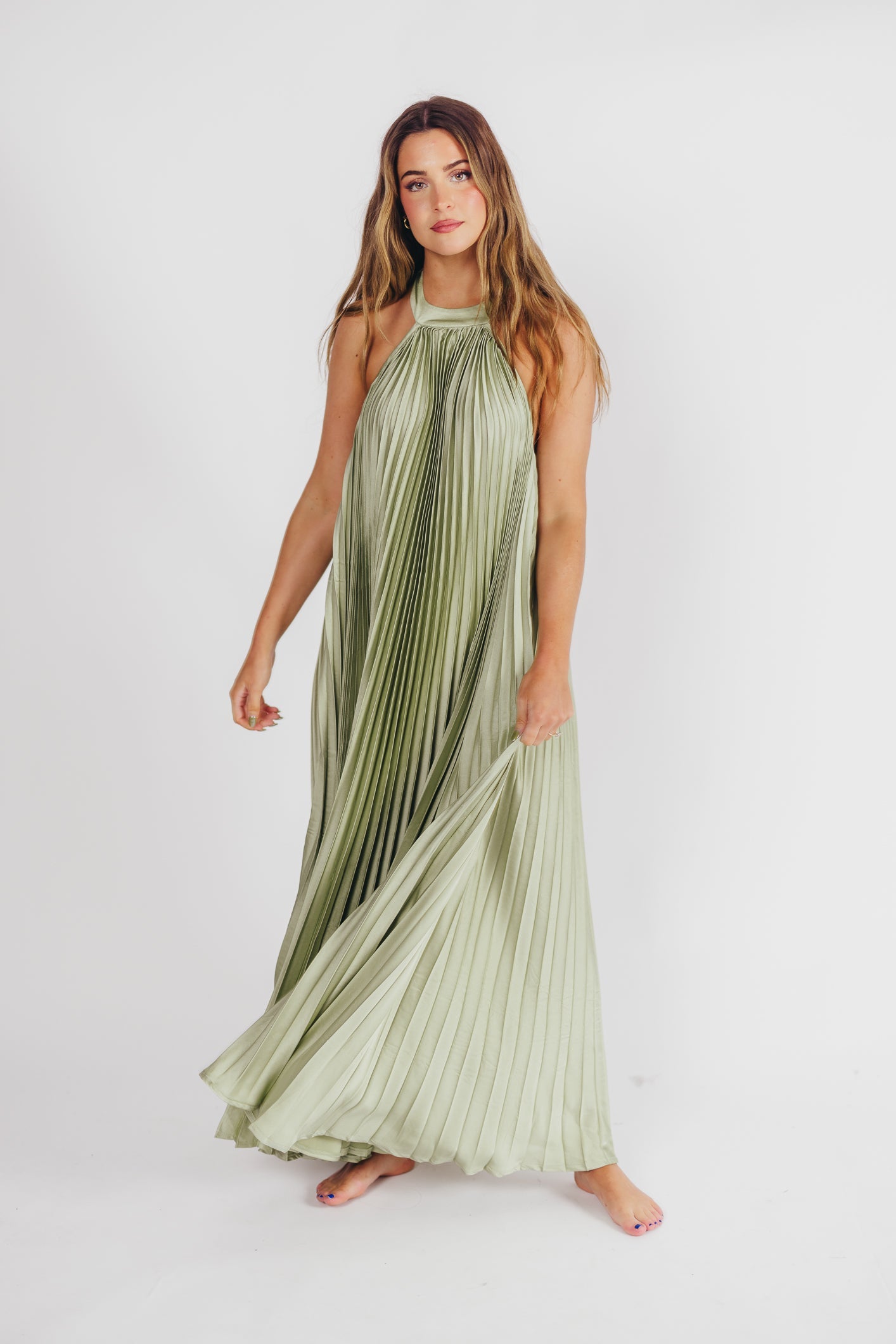 Maren Pleated Halter Maxi Dress in Sage - Bump Friendly (S-XL) -Restocking End of June