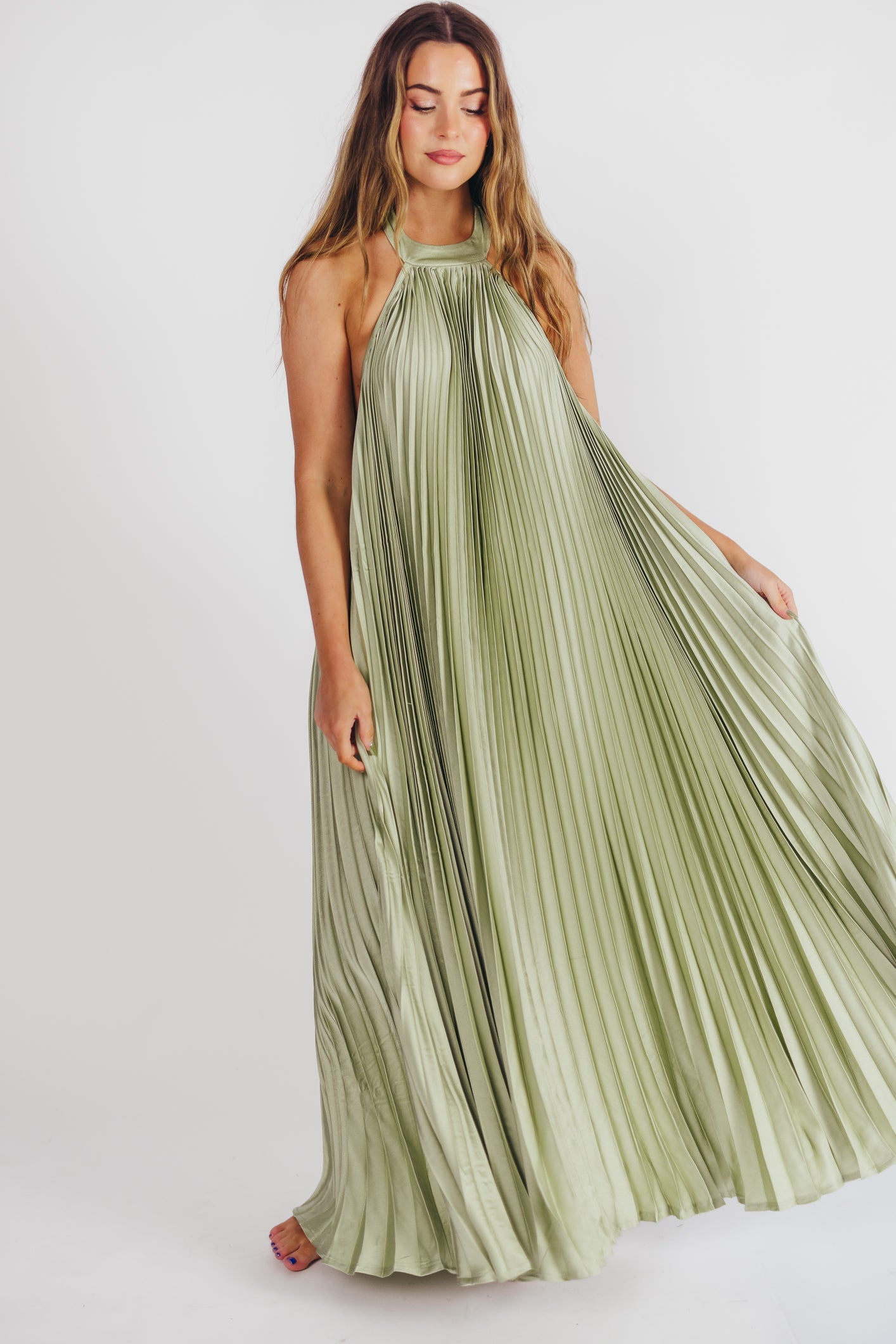 Maren Pleated Halter Maxi Dress in Sage - Bump Friendly (S-XL) -Restocking End of June