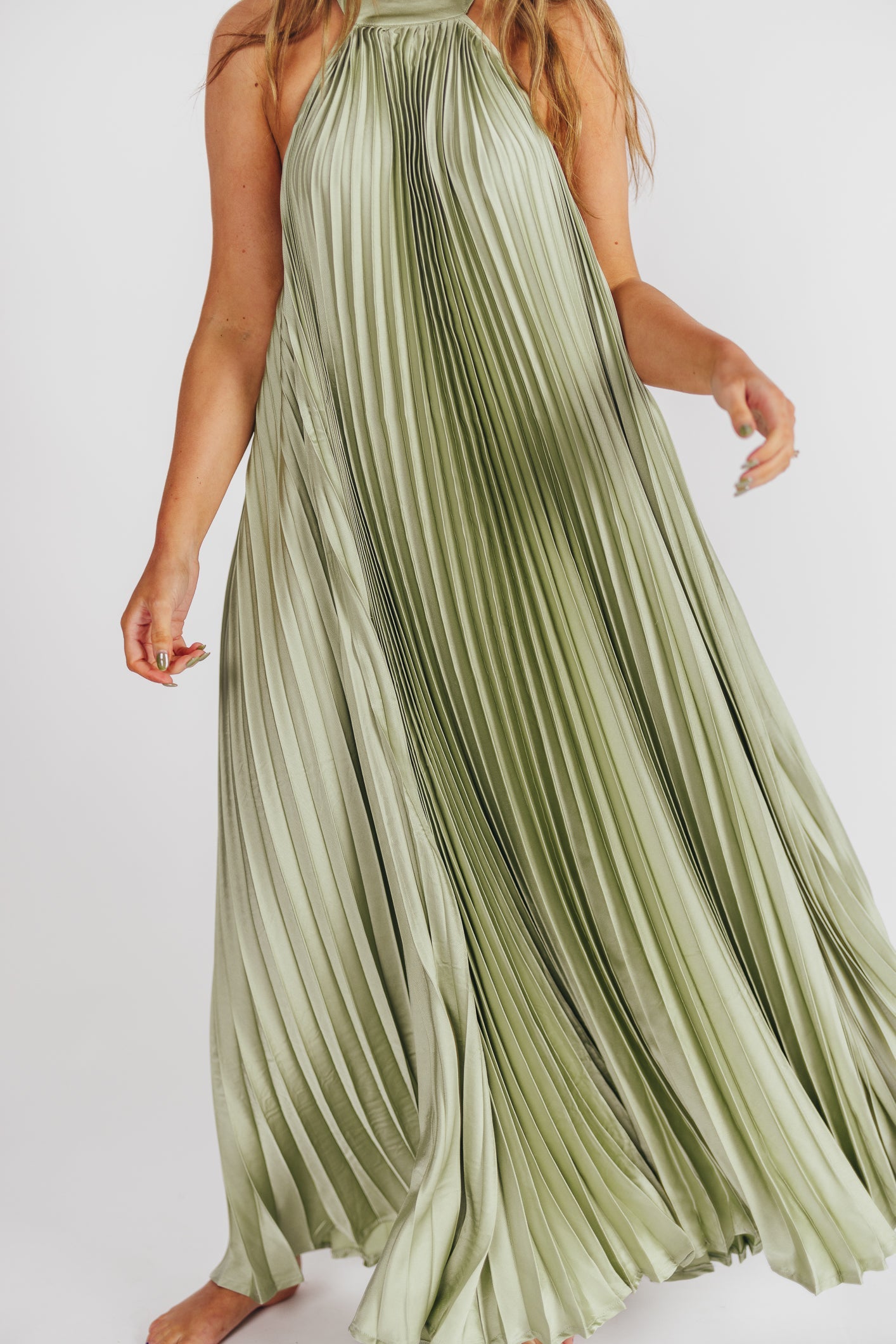 Maren Pleated Halter Maxi Dress in Sage - Bump Friendly (S-XL) -Restocking End of June