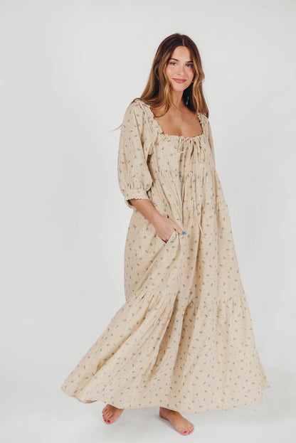 Cara 100% Cotton Maxi Dress in Blue/Brown Floral