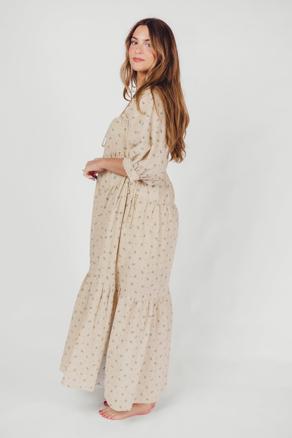 Cara 100% Cotton Maxi Dress in Blue/Brown Floral