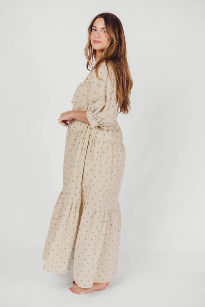 Cara 100% Cotton Maxi Dress in Blue/Brown Floral